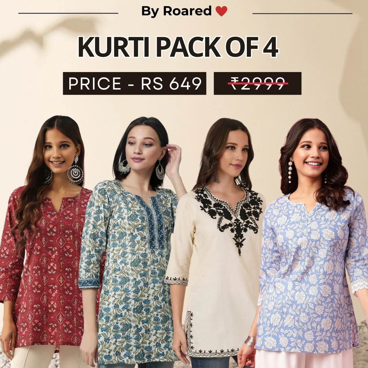 4 Combo Pack Cotton Short Kurtis | Summer Cotton Bliss | 3/4 Sleeve