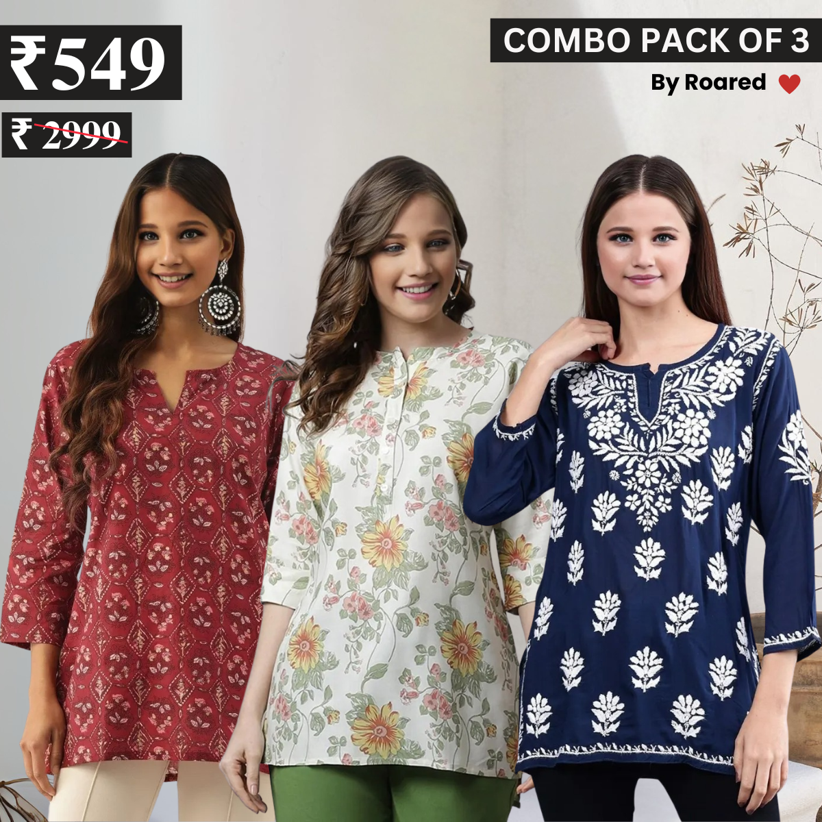 3 Combo Pack Cotton Short Kurtis | Summer Cotton Bliss | 3/4 Sleeve