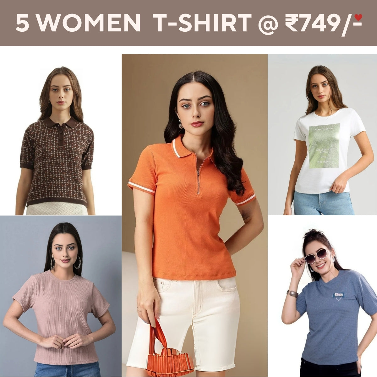 Pack Of 5 Tees for Women : Perfect Fit | High-Quality