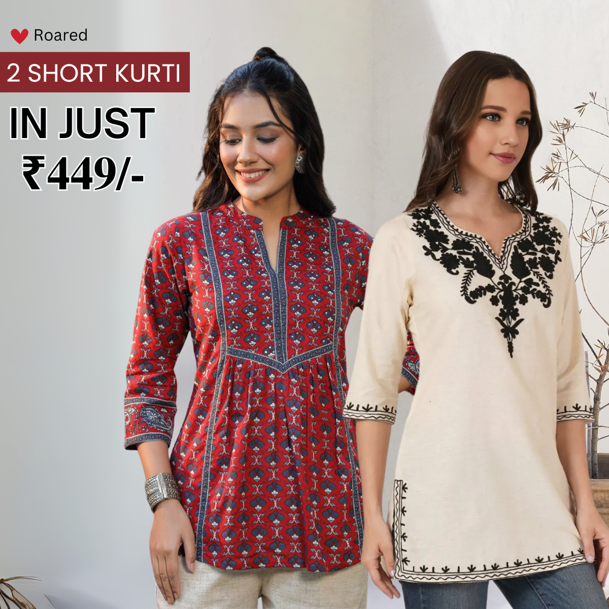 2-Pack Cotton Short Kurtis | Summer Cotton Bliss | 3/4 Sleeve
