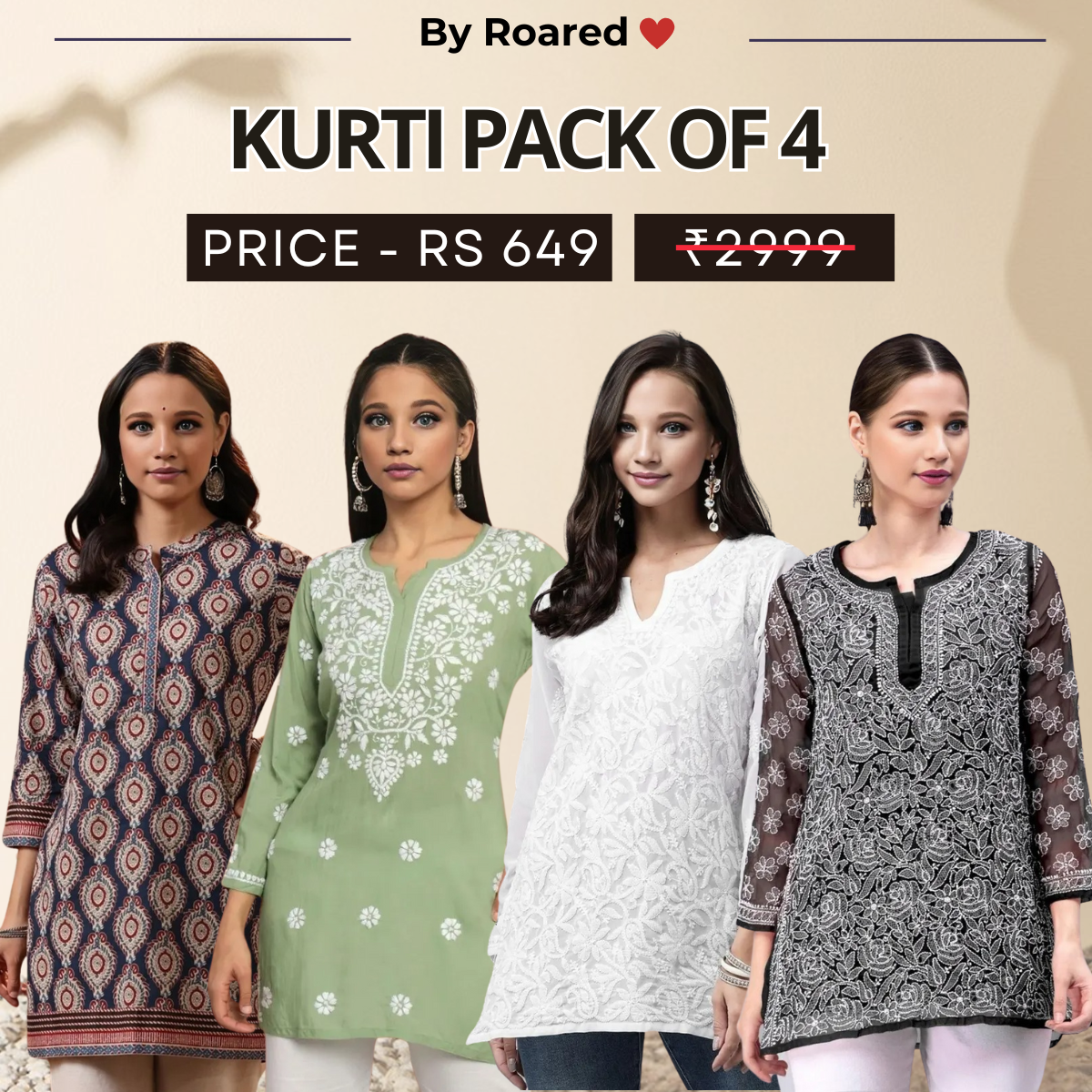 4 Combo Pack Cotton Short Kurtis | Summer Cotton Bliss | 3/4 Sleeve