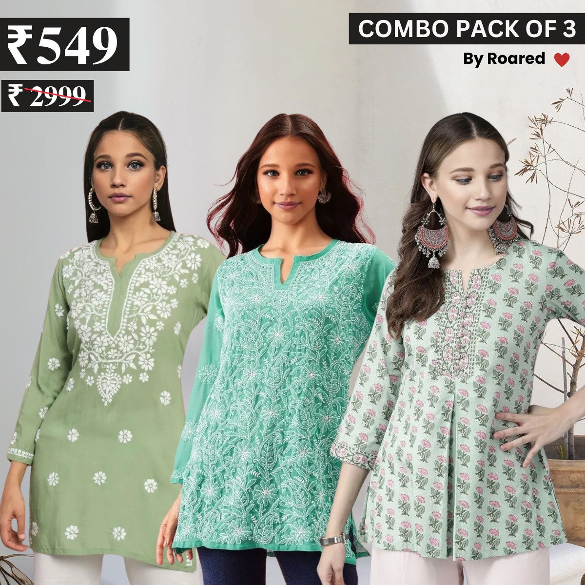 3 Combo Pack Cotton Short Kurtis | Summer Cotton Bliss | 3/4 Sleeve