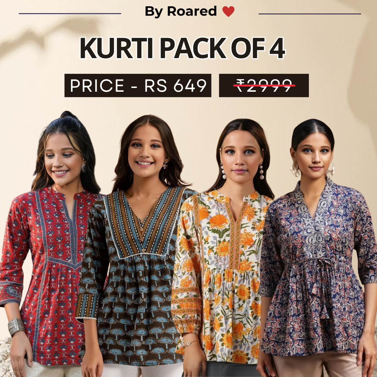 4 Combo Pack Cotton Short Kurtis | Summer Cotton Bliss | 3/4 Sleeve