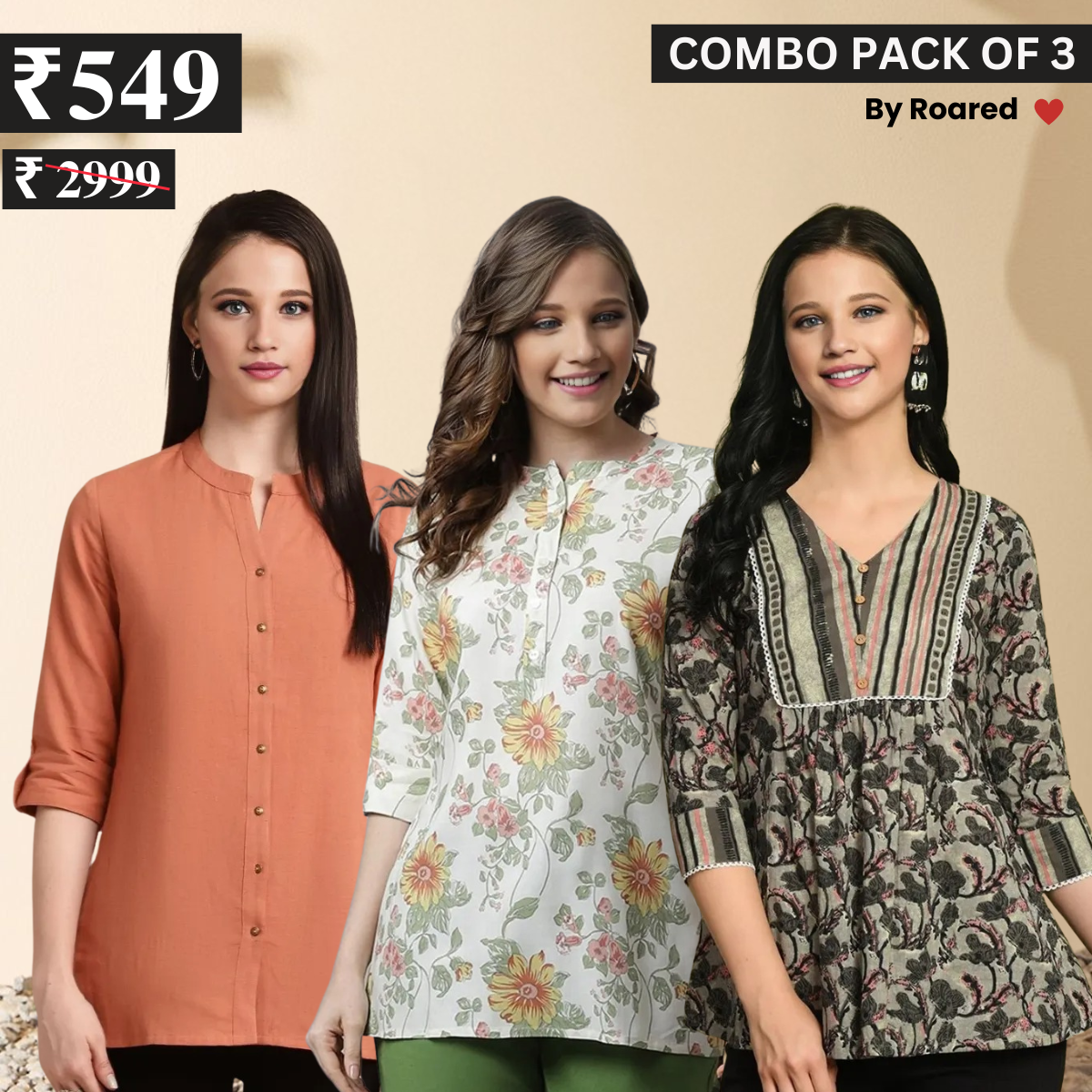 3 Combo Pack Cotton Short Kurtis | Summer Cotton Bliss | 3/4 Sleeve