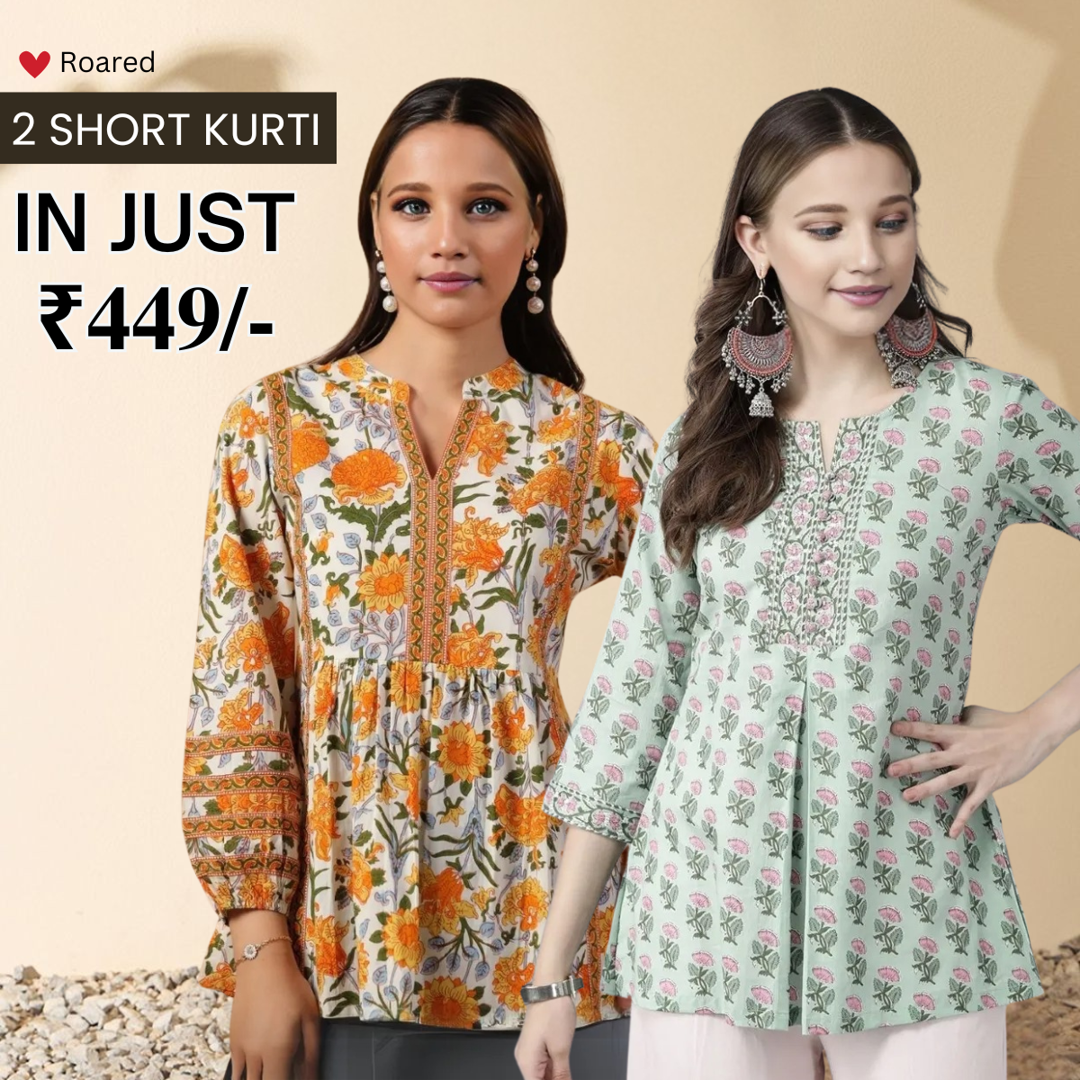 2-Pack Cotton Short Kurtis | Summer Cotton Bliss | 3/4 Sleeve
