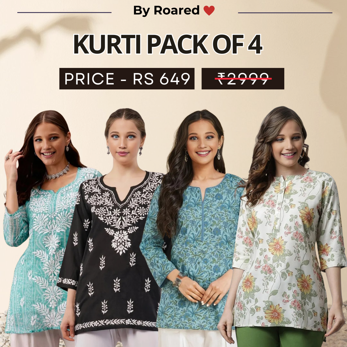 4 Combo Pack Cotton Short Kurtis | Summer Cotton Bliss | 3/4 Sleeve