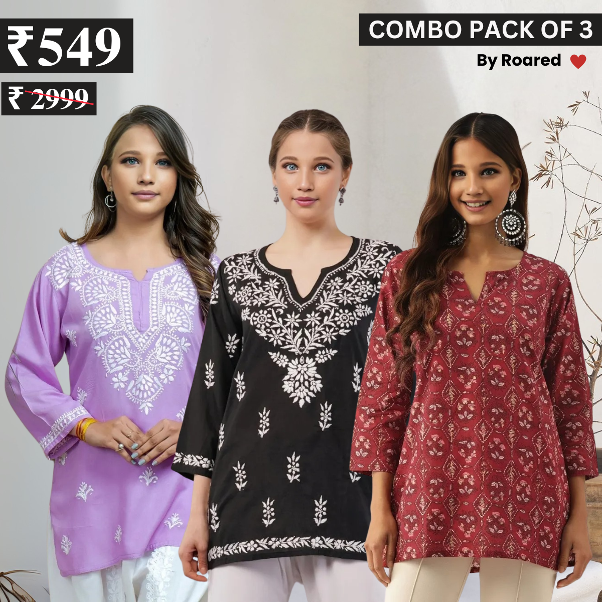 3 Combo Pack Cotton Short Kurtis | Summer Cotton Bliss | 3/4 Sleeve