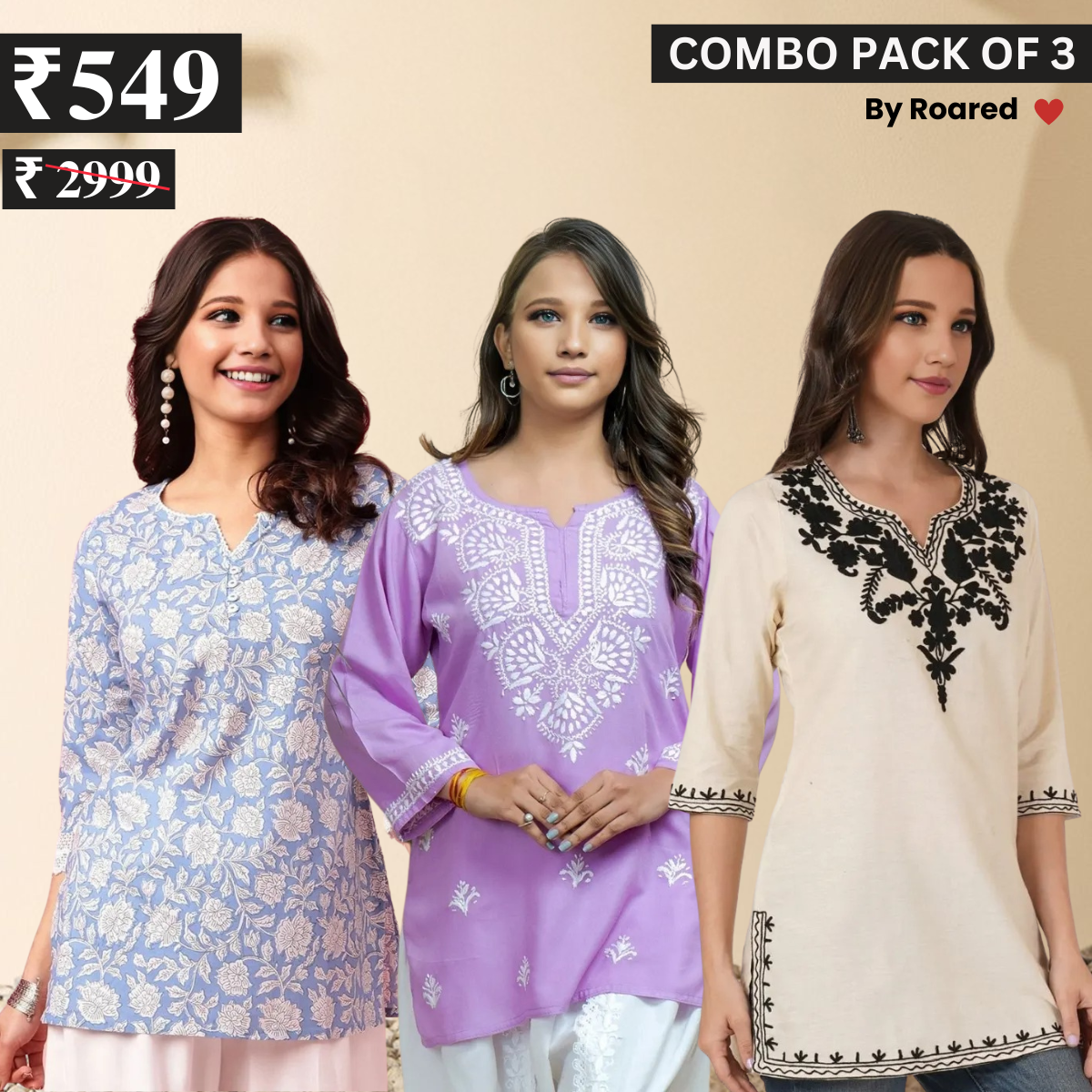 3 Combo Pack Cotton Short Kurtis | Summer Cotton Bliss | 3/4 Sleeve