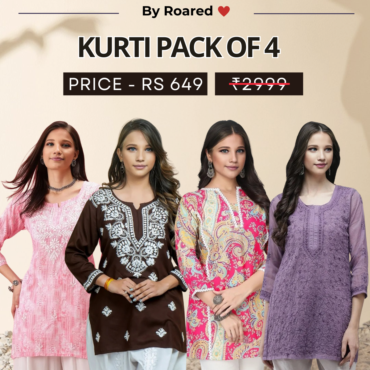 4 Combo Pack Cotton Short Kurtis | Summer Cotton Bliss | 3/4 Sleeve