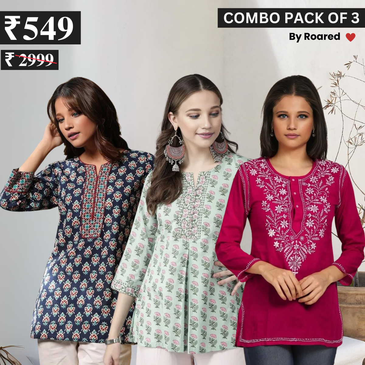 3 Combo Pack Cotton Short Kurtis | Summer Cotton Bliss | 3/4 Sleeve