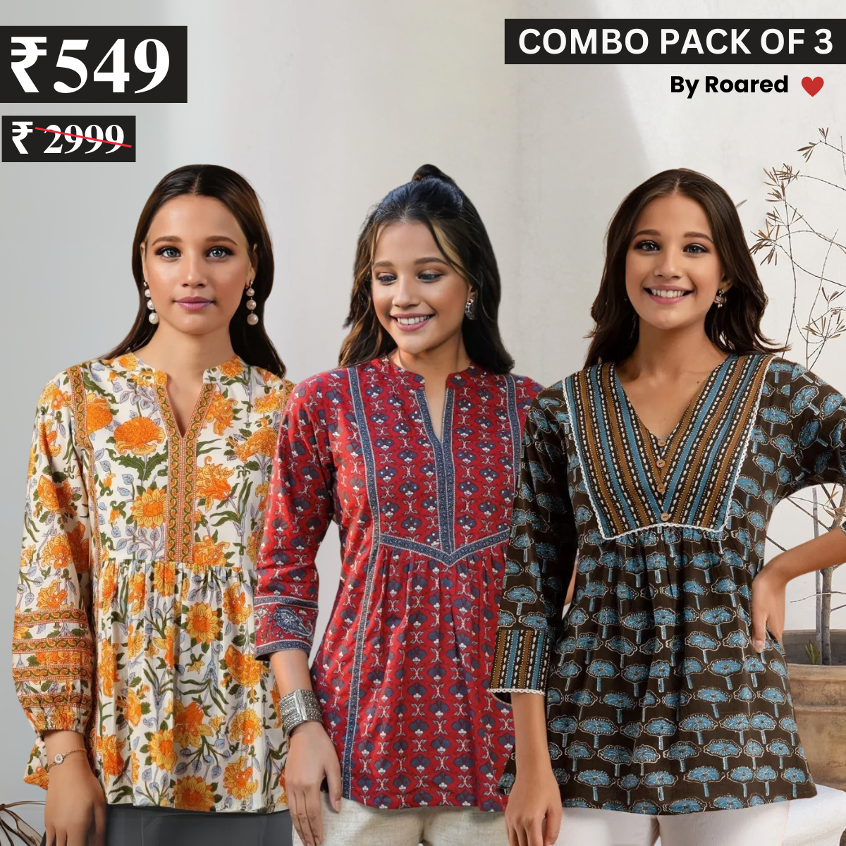 3 Combo Pack Cotton Short Kurtis | Summer Cotton Bliss | 3/4 Sleeve