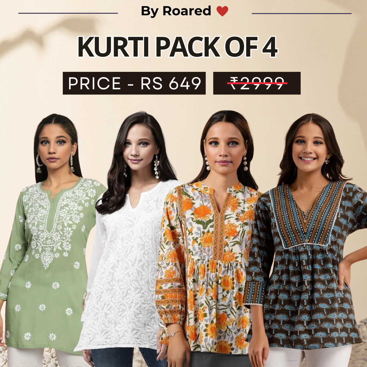 4 Combo Pack Cotton Short Kurtis | Summer Cotton Bliss | 3/4 Sleeve