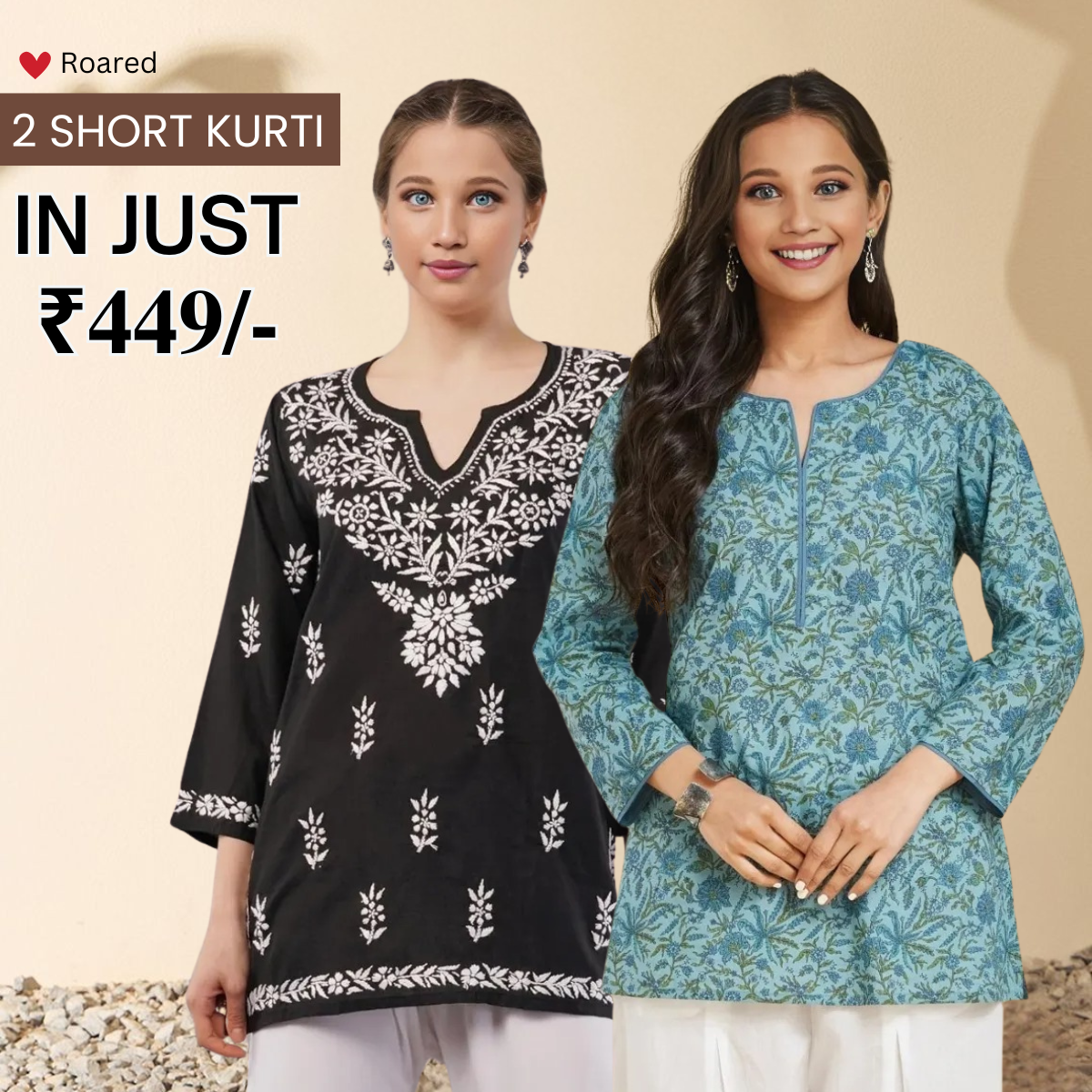 2-Pack Cotton Short Kurtis | Summer Cotton Bliss | 3/4 Sleeve