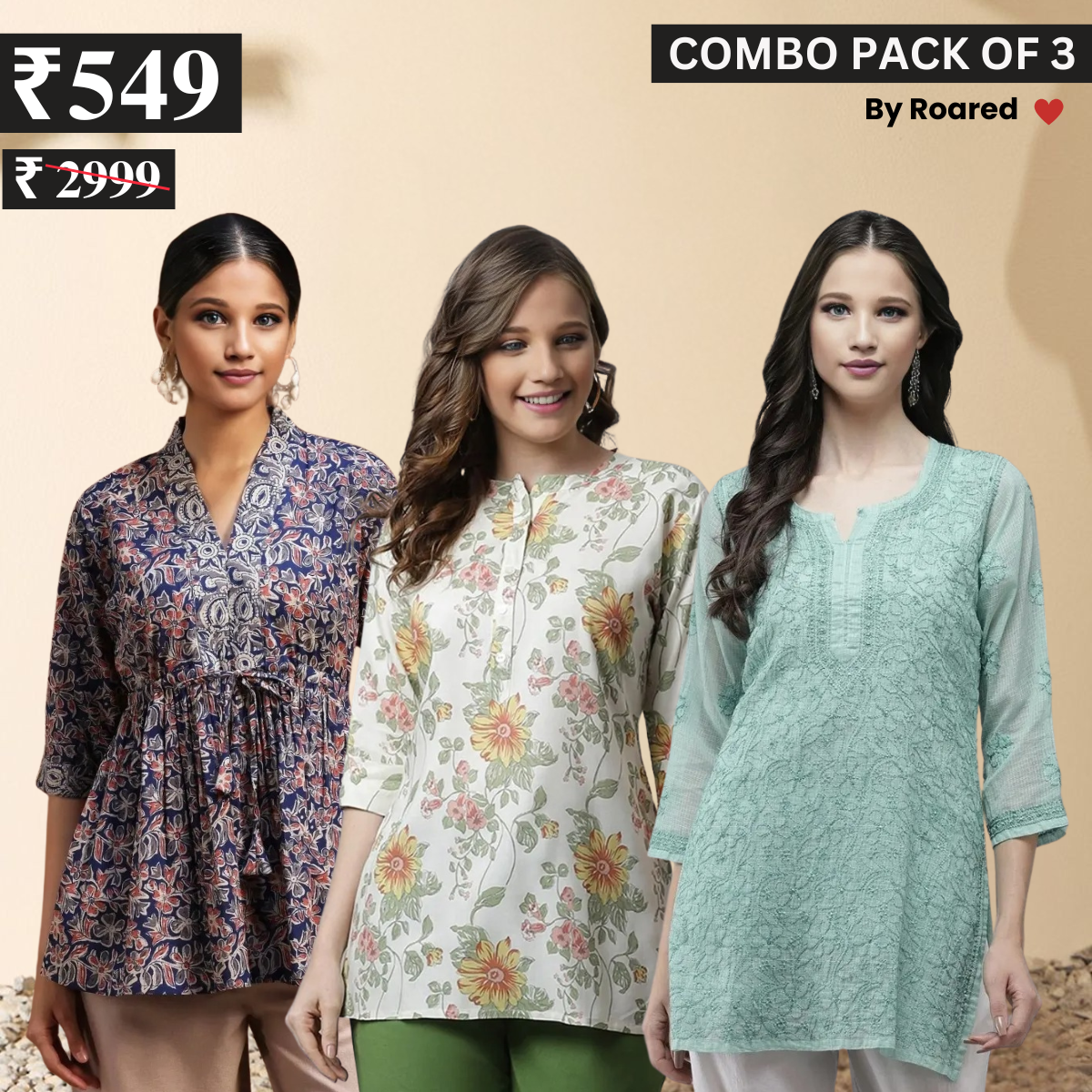 3 Combo Pack Cotton Short Kurtis | Summer Cotton Bliss | 3/4 Sleeve