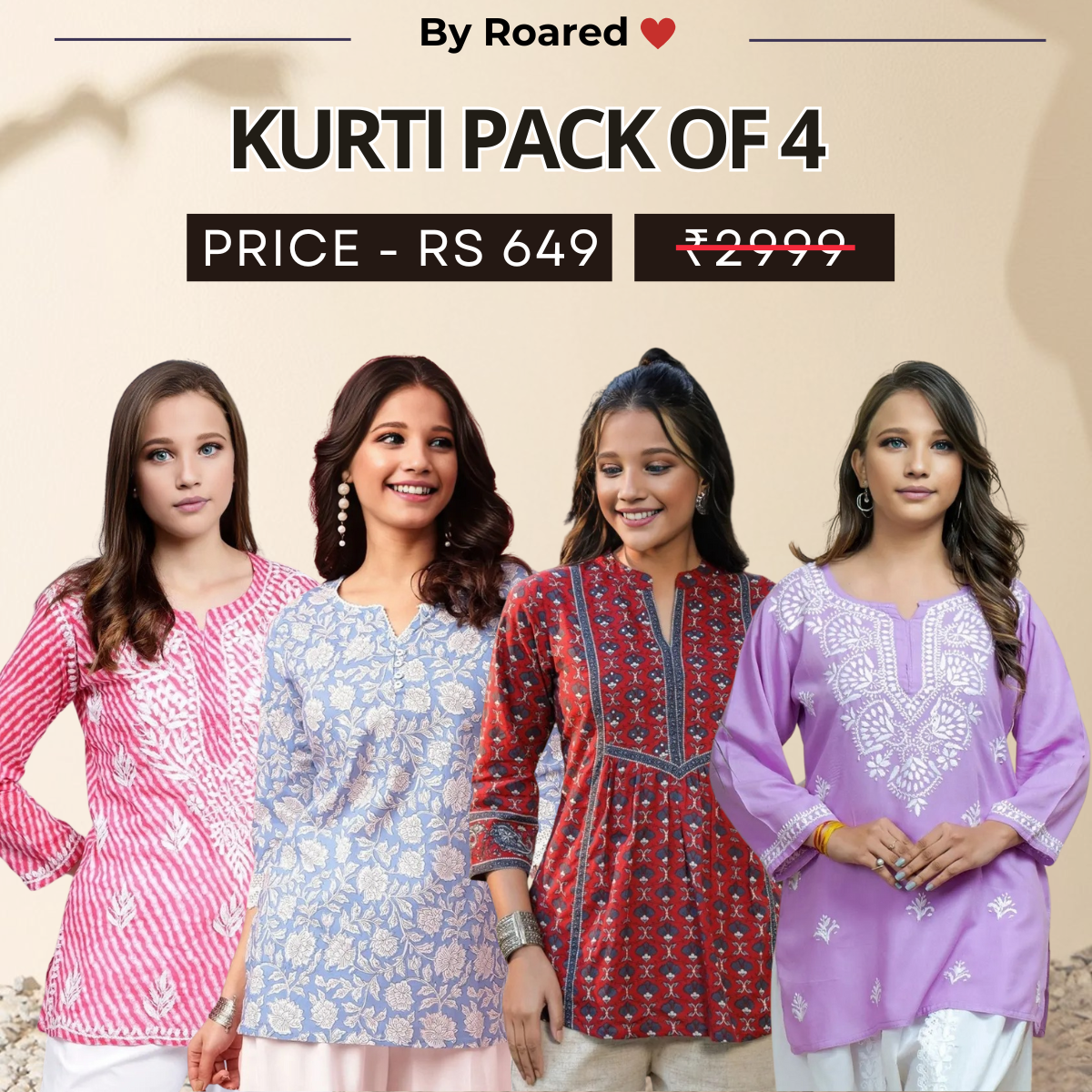 4 Combo Pack Cotton Short Kurtis | Summer Cotton Bliss | 3/4 Sleeve