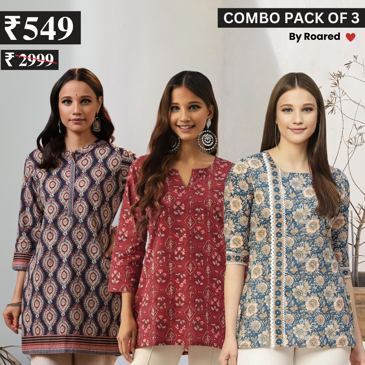 3 Combo Pack Cotton Short Kurtis | Summer Cotton Bliss | 3/4 Sleeve