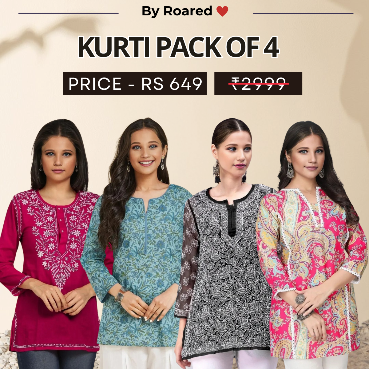 4 Combo Pack Cotton Short Kurtis | Summer Cotton Bliss | 3/4 Sleeve