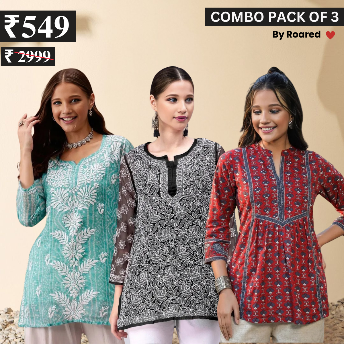 3 Combo Pack Cotton Short Kurtis | Summer Cotton Bliss | 3/4 Sleeve