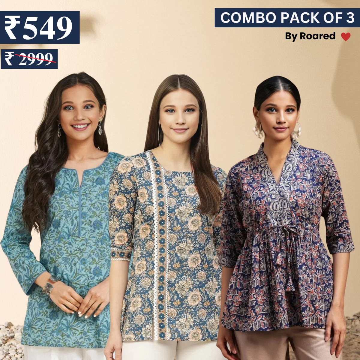 3 Combo Pack Cotton Short Kurtis | Summer Cotton Bliss | 3/4 Sleeve