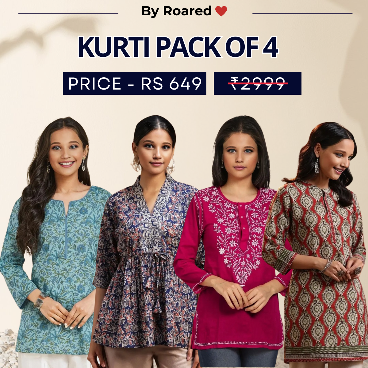 4 Combo Pack Cotton Short Kurtis | Summer Cotton Bliss | 3/4 Sleeve