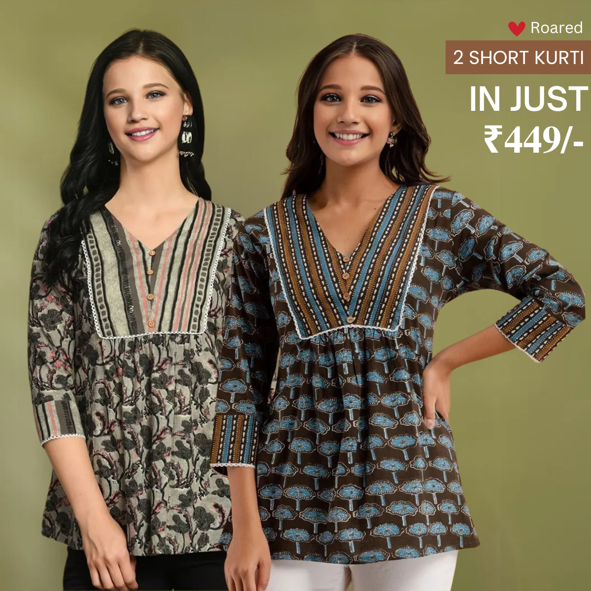 2-Pack Cotton Short Kurtis | Summer Cotton Bliss | 3/4 Sleeve