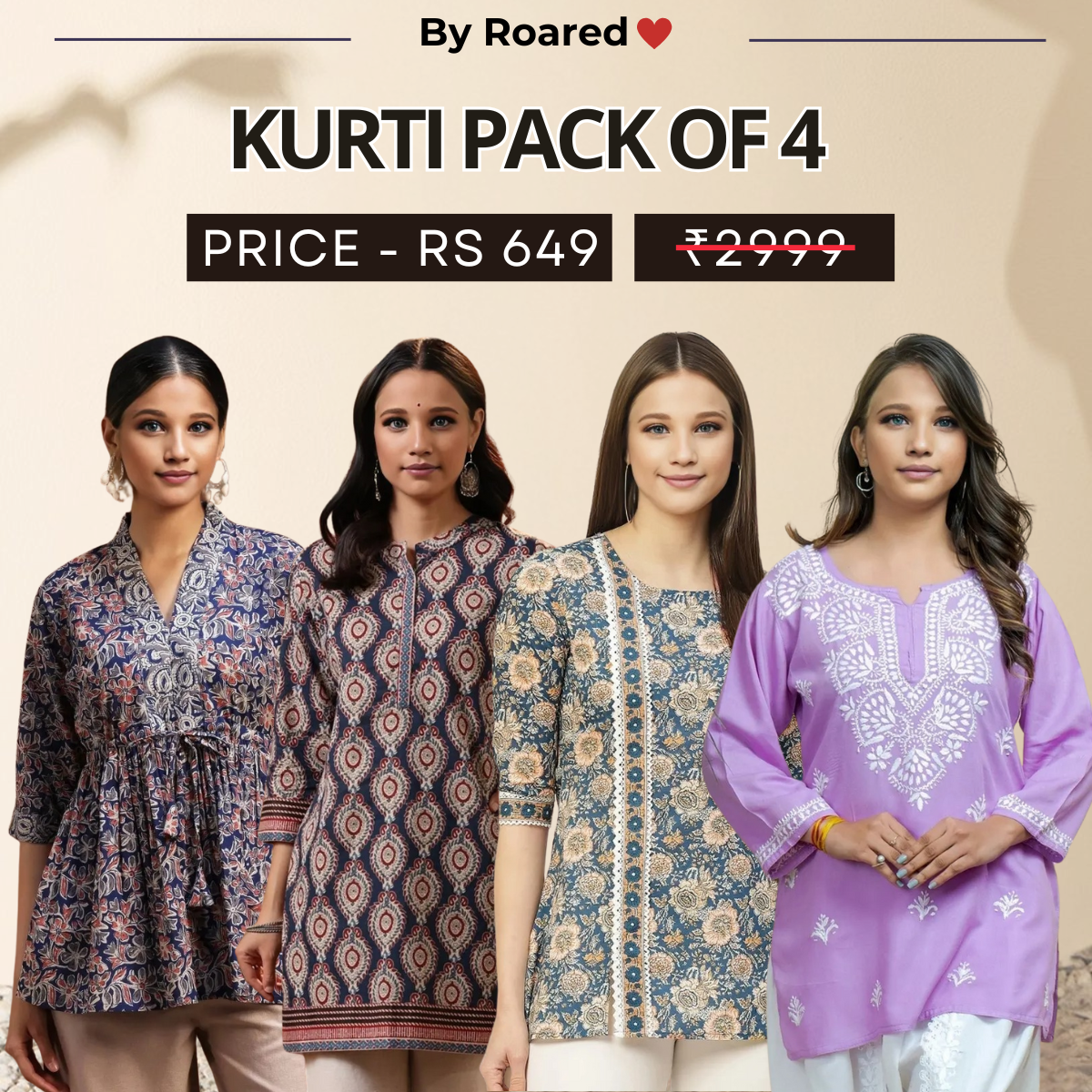 4 Combo Pack Cotton Short Kurtis | Summer Cotton Bliss | 3/4 Sleeve