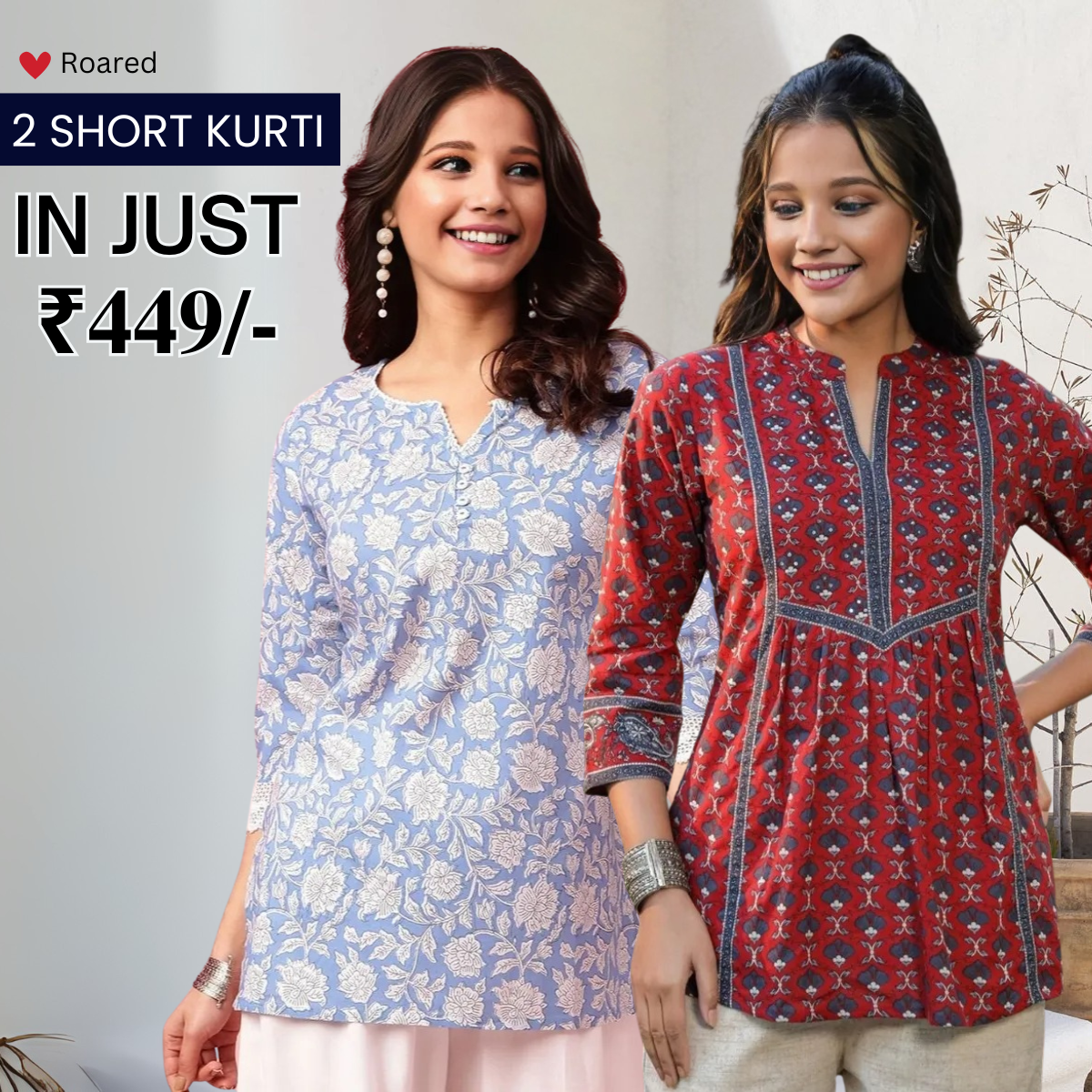 2-Pack Cotton Short Kurtis | Summer Cotton Bliss | 3/4 Sleeve
