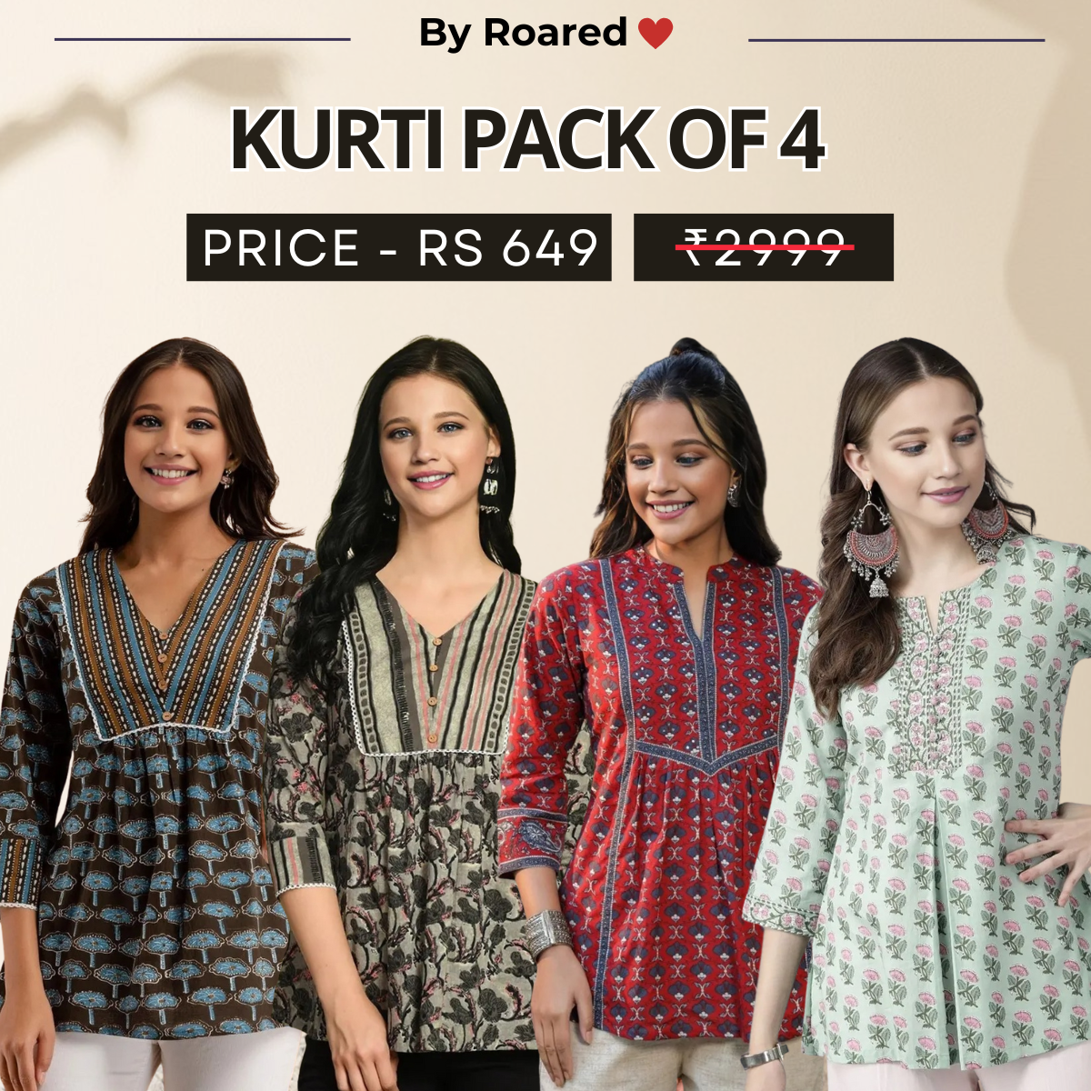 4 Combo Pack Cotton Short Kurtis | Summer Cotton Bliss | 3/4 Sleeve