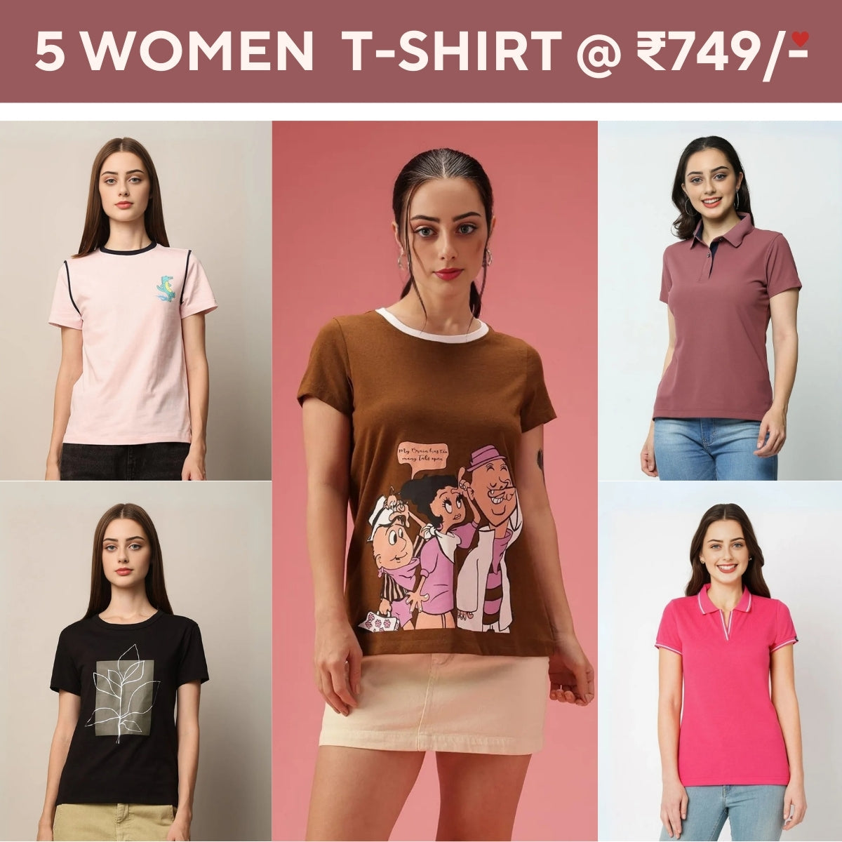 Pack Of 5 Tees for Women : Perfect Fit | High-Quality