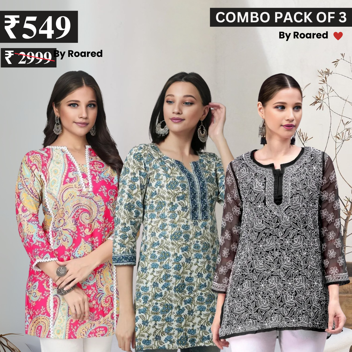 3 Combo Pack Cotton Short Kurtis | Summer Cotton Bliss | 3/4 Sleeve