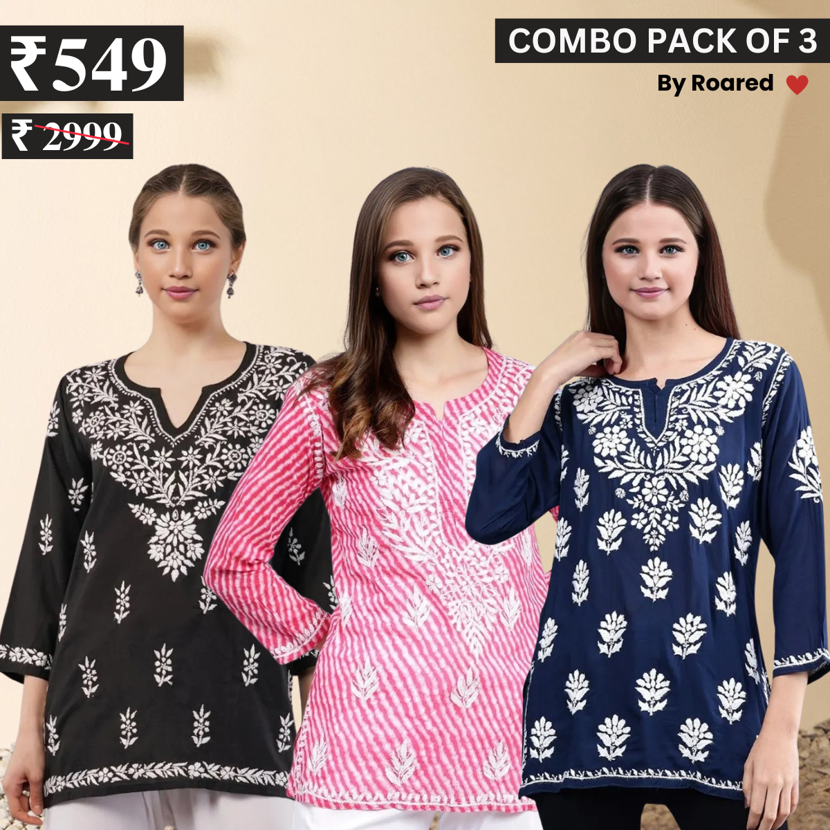 3 Combo Pack Cotton Short Kurtis | Summer Cotton Bliss | 3/4 Sleeve