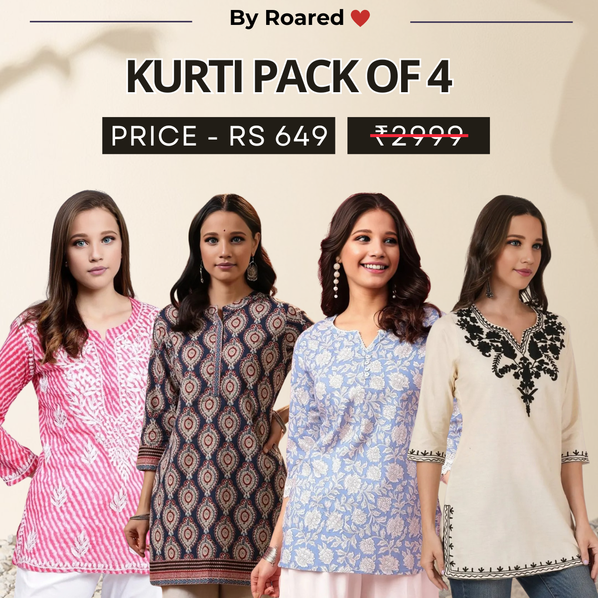 4 Combo Pack Cotton Short Kurtis | Summer Cotton Bliss | 3/4 Sleeve