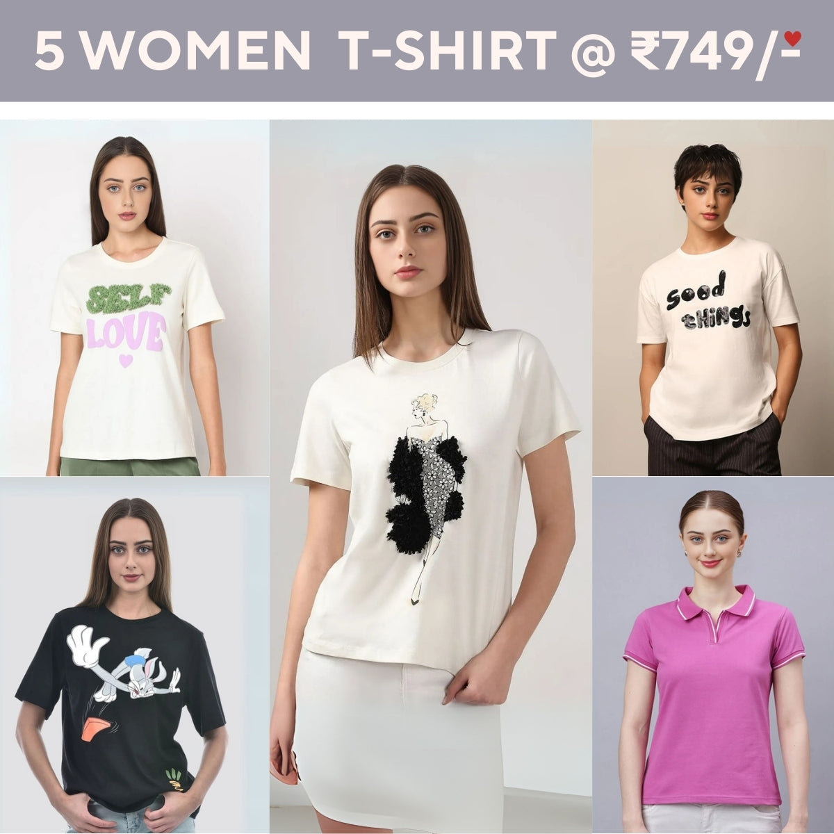 Pack Of 5 Tees for Women : Perfect Fit | High-Quality