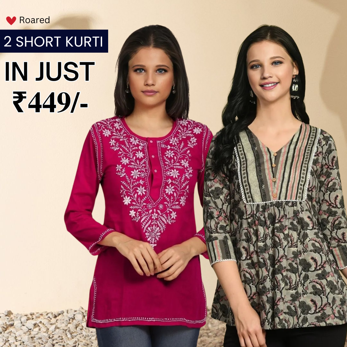 2-Pack Cotton Short Kurtis | Summer Cotton Bliss | 3/4 Sleeve