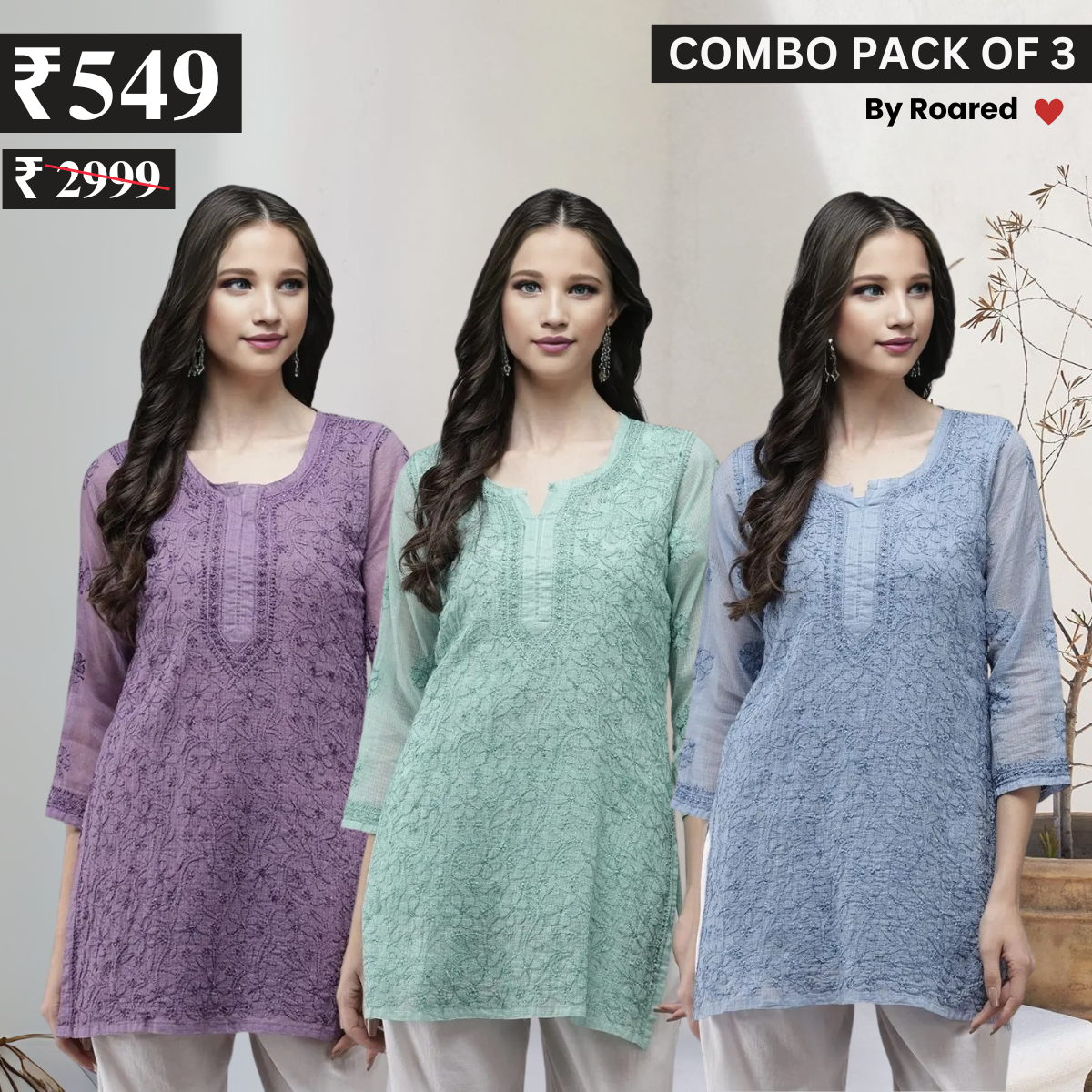 3 Combo Pack Cotton Short Kurtis | Summer Cotton Bliss | 3/4 Sleeve