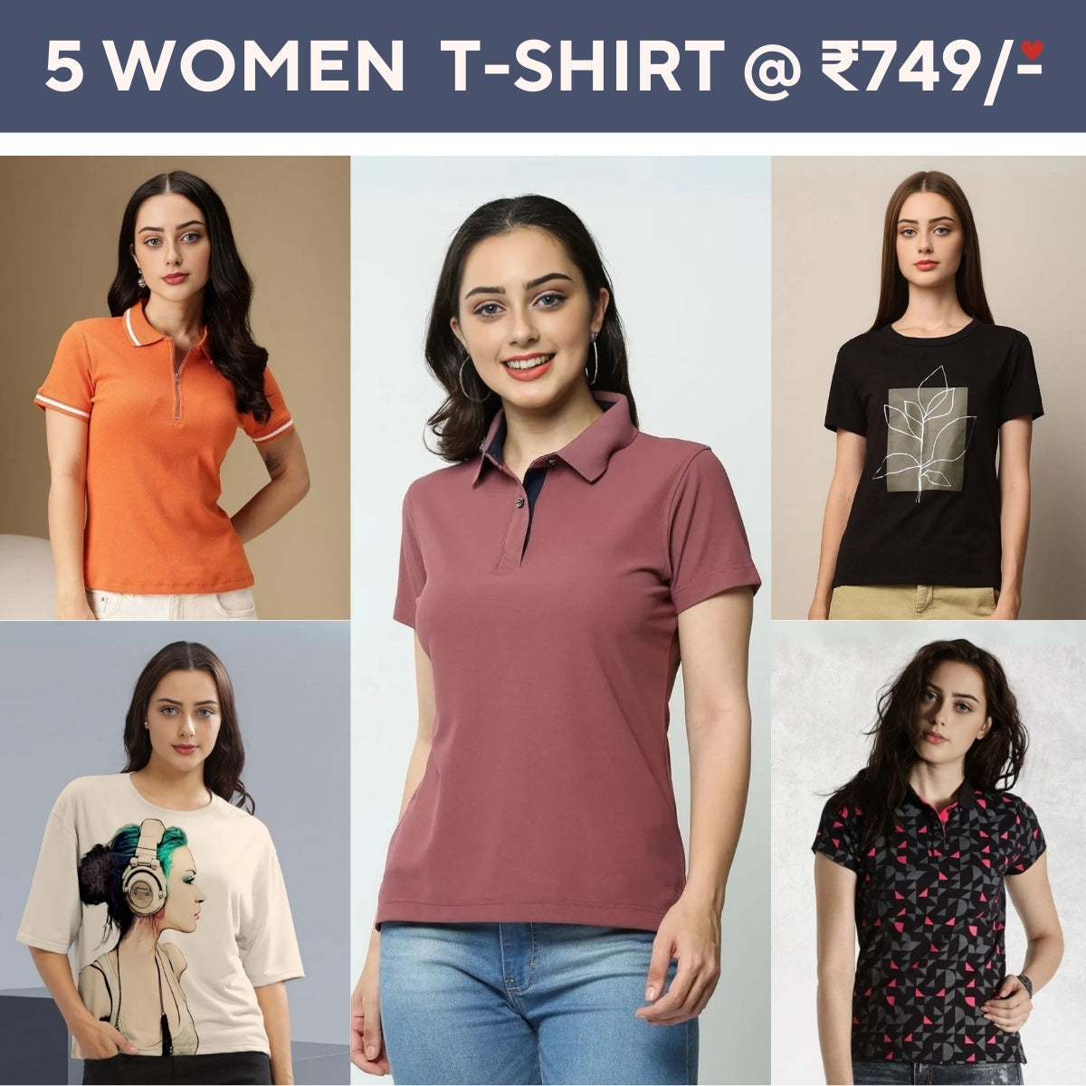 Pack Of 5 Tees for Women : Perfect Fit | High-Quality