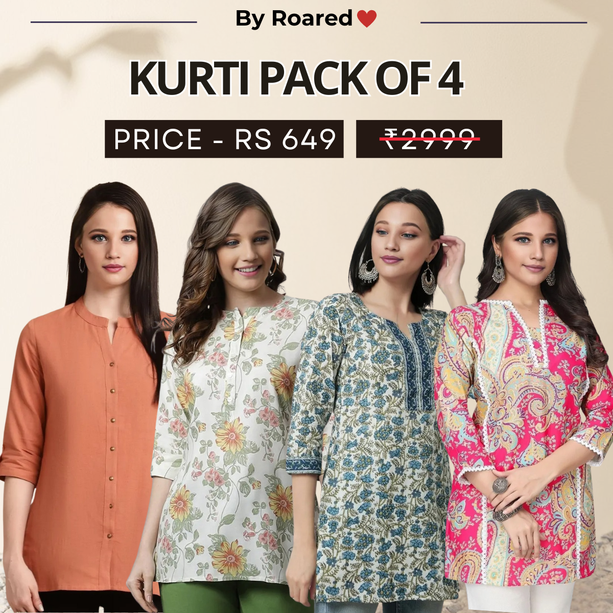 4 Combo Pack Cotton Short Kurtis | Summer Cotton Bliss | 3/4 Sleeve