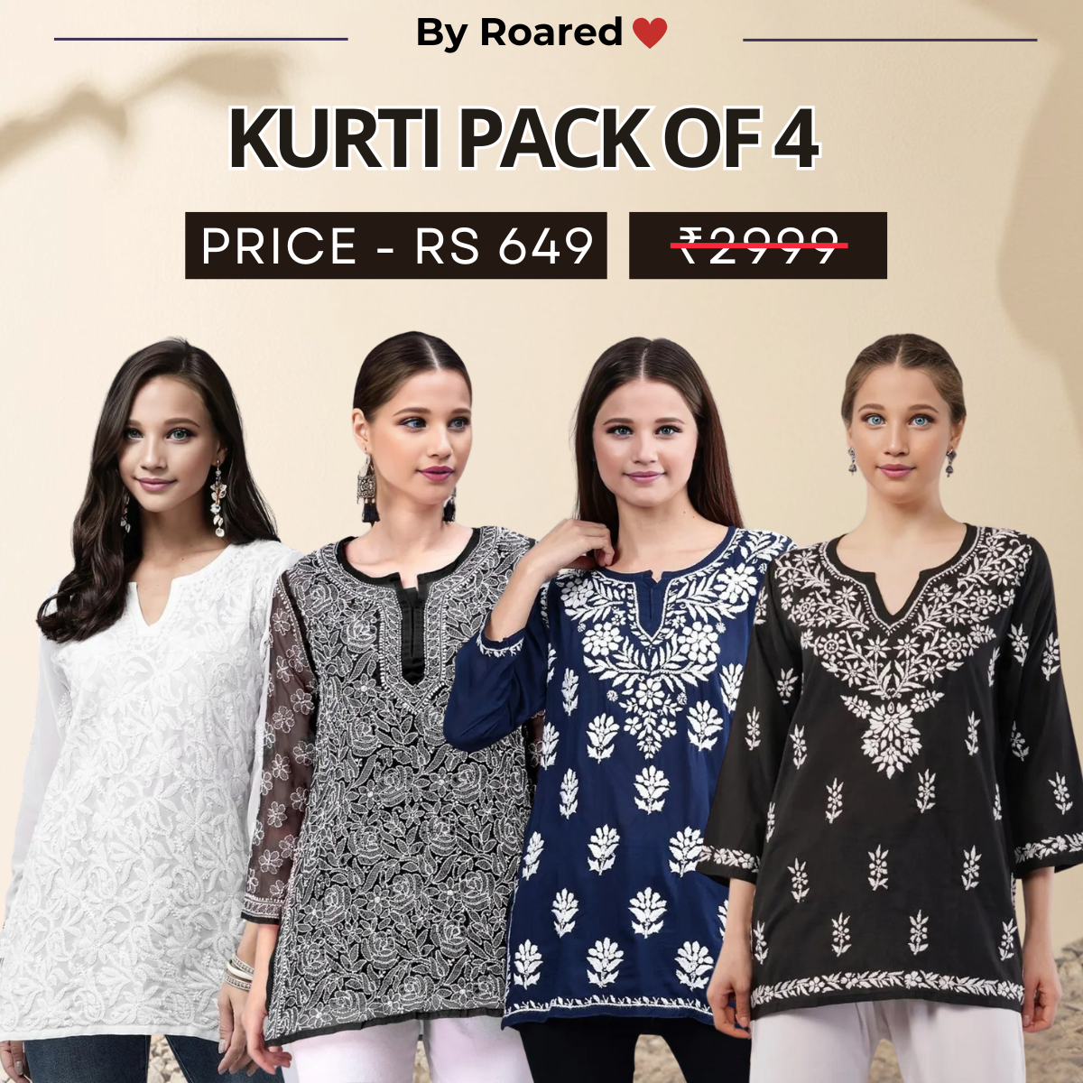 4 Combo Pack Cotton Short Kurtis | Summer Cotton Bliss | 3/4 Sleeve