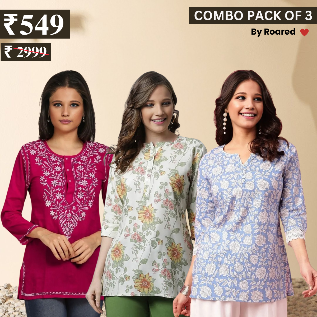3 Combo Pack Cotton Short Kurtis | Summer Cotton Bliss | 3/4 Sleeve
