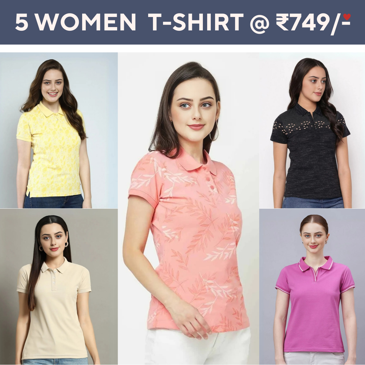 Pack Of 5 Tees for Women : Perfect Fit | High-Quality