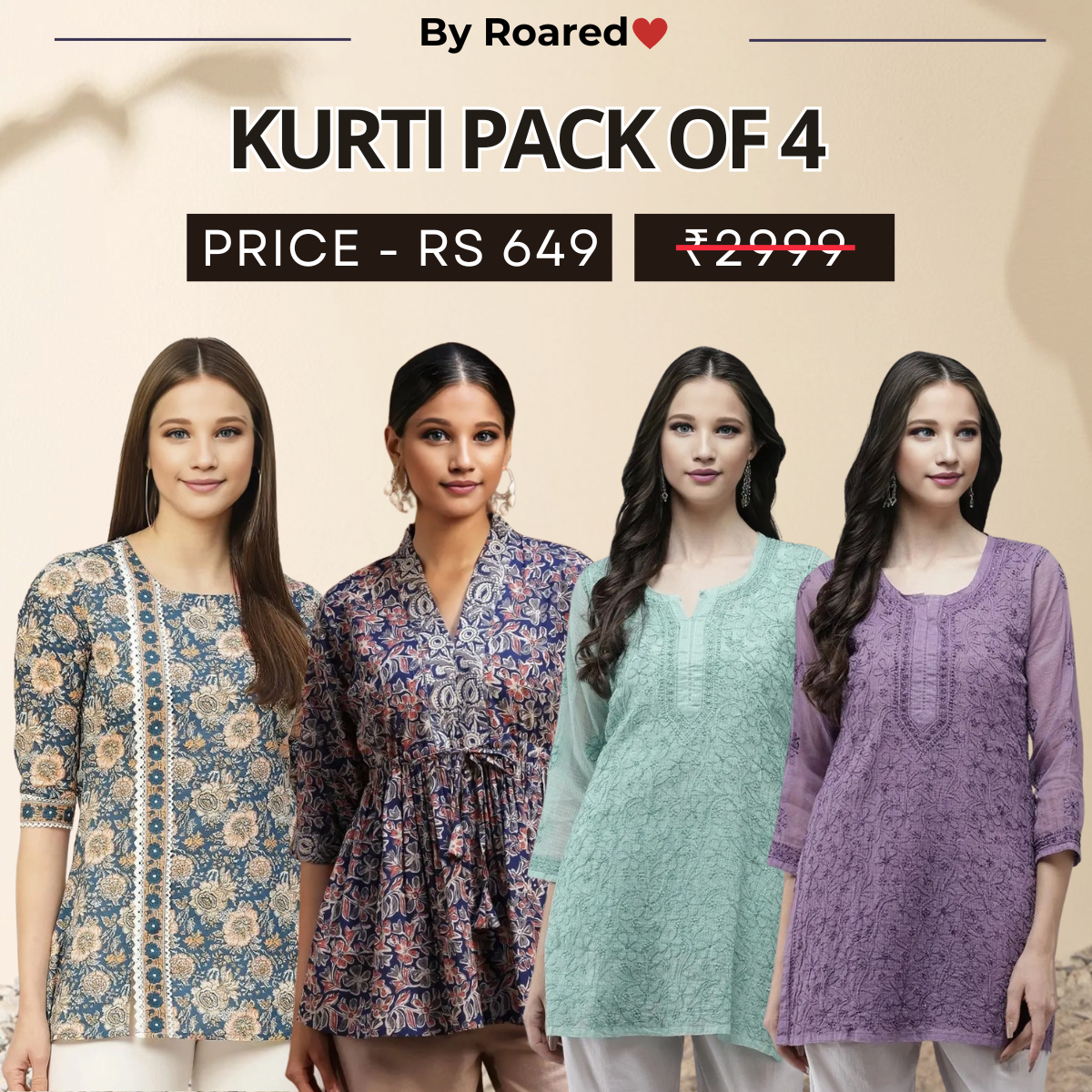 4 Combo Pack Cotton Short Kurtis | Summer Cotton Bliss | 3/4 Sleeve