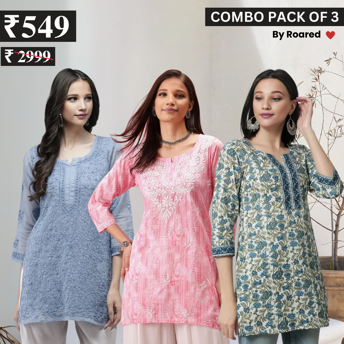 3 Combo Pack Cotton Short Kurtis | Summer Cotton Bliss | 3/4 Sleeve