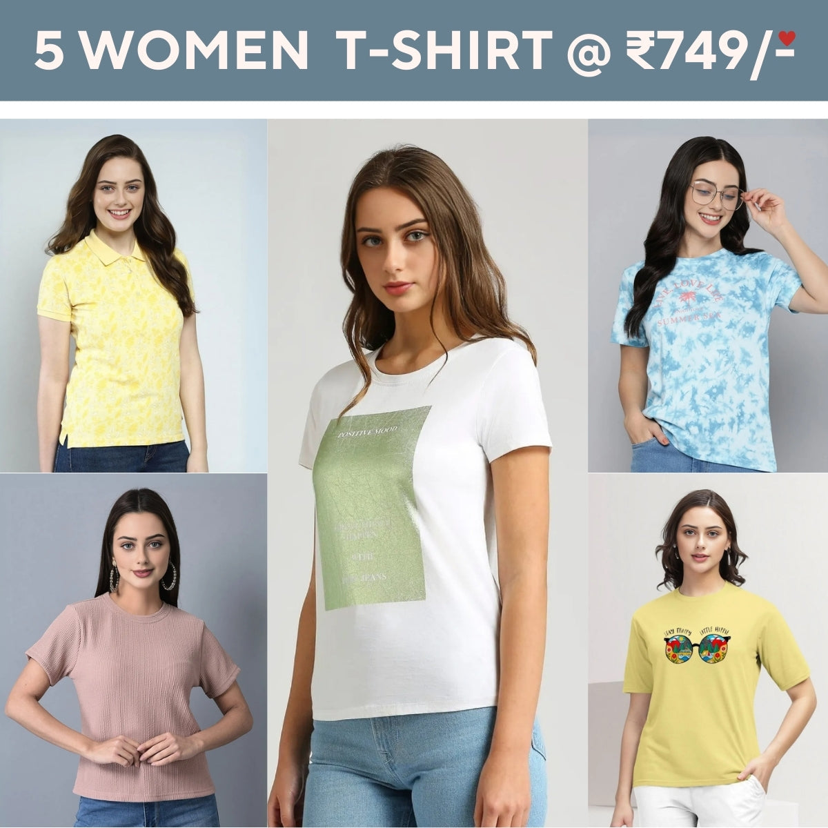 Pack Of 5 Tees for Women : Perfect Fit | High-Quality
