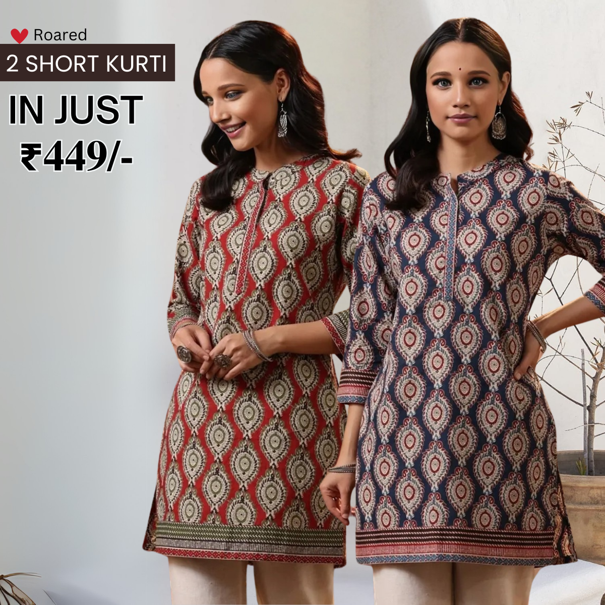 2-Pack Cotton Short Kurtis | Summer Cotton Bliss | 3/4 Sleeve