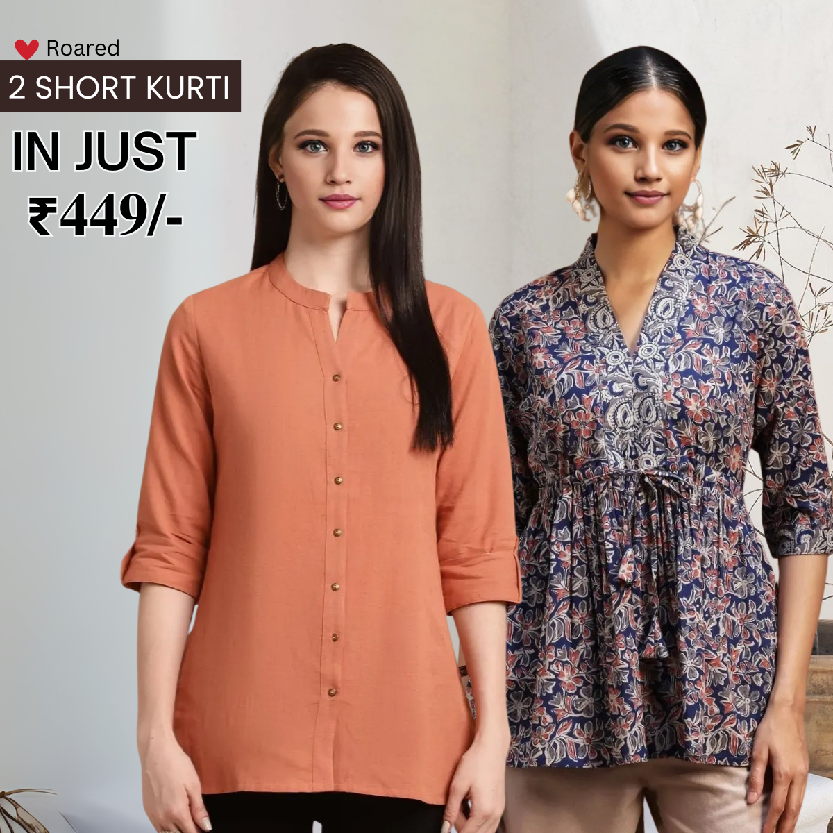 2-Pack Cotton Short Kurtis | Summer Cotton Bliss | 3/4 Sleeve