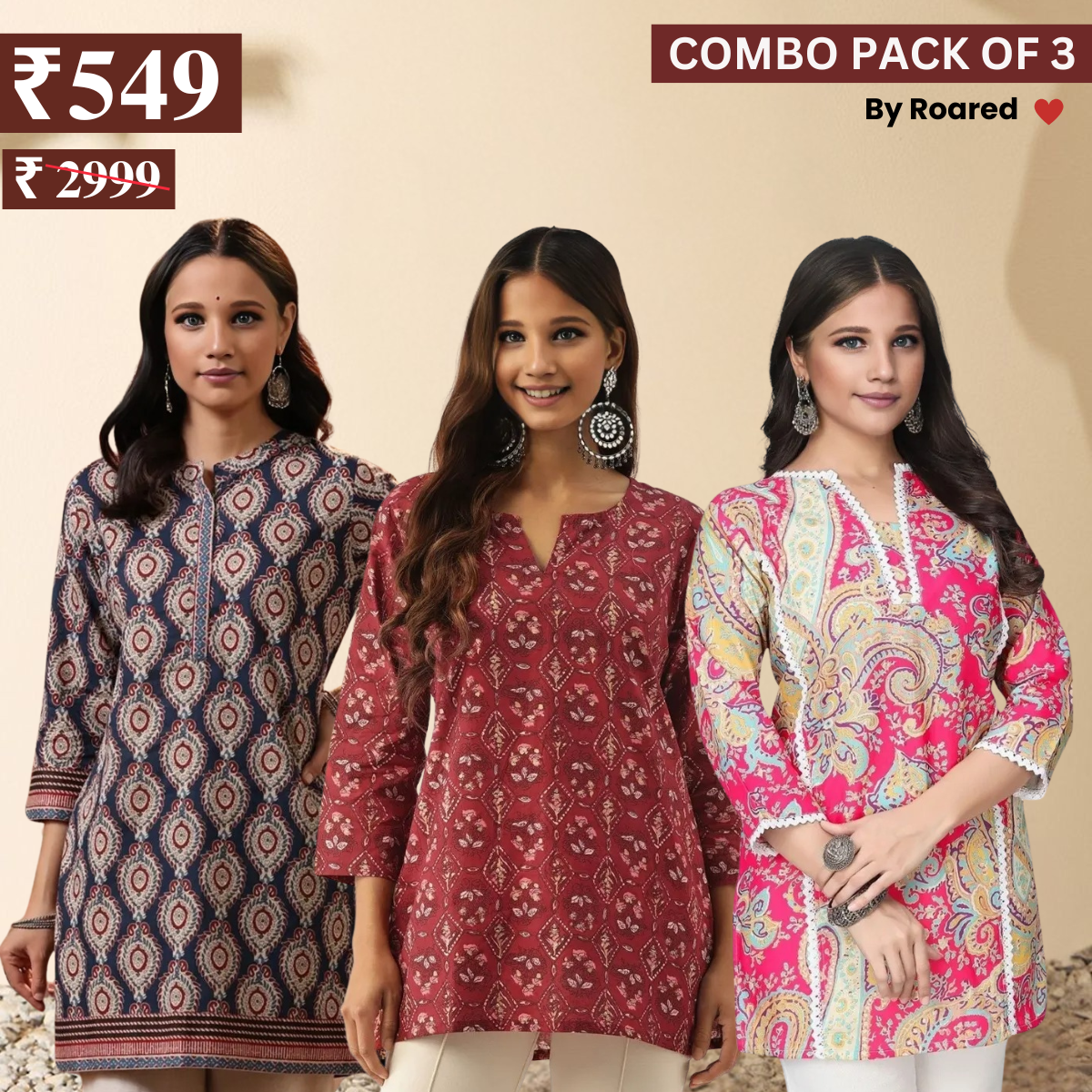 3 Combo Pack Cotton Short Kurtis | Summer Cotton Bliss | 3/4 Sleeve