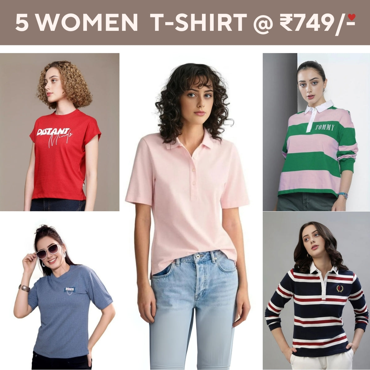 Pack Of 5 Tees for Women : Perfect Fit | High-Quality