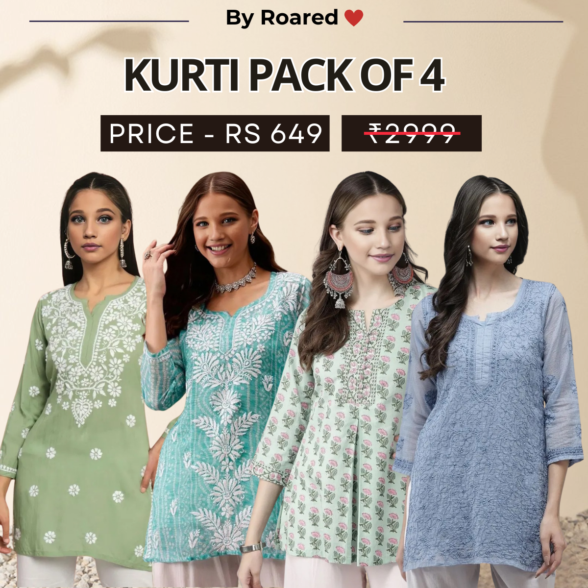 4 Combo Pack Cotton Short Kurtis | Summer Cotton Bliss | 3/4 Sleeve