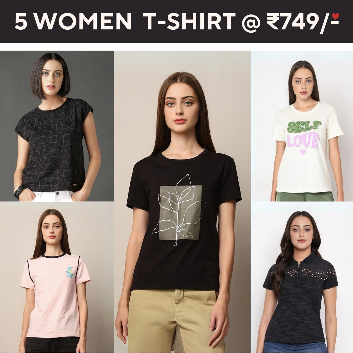 Pack Of 5 Tees for Women : Perfect Fit | High-Quality