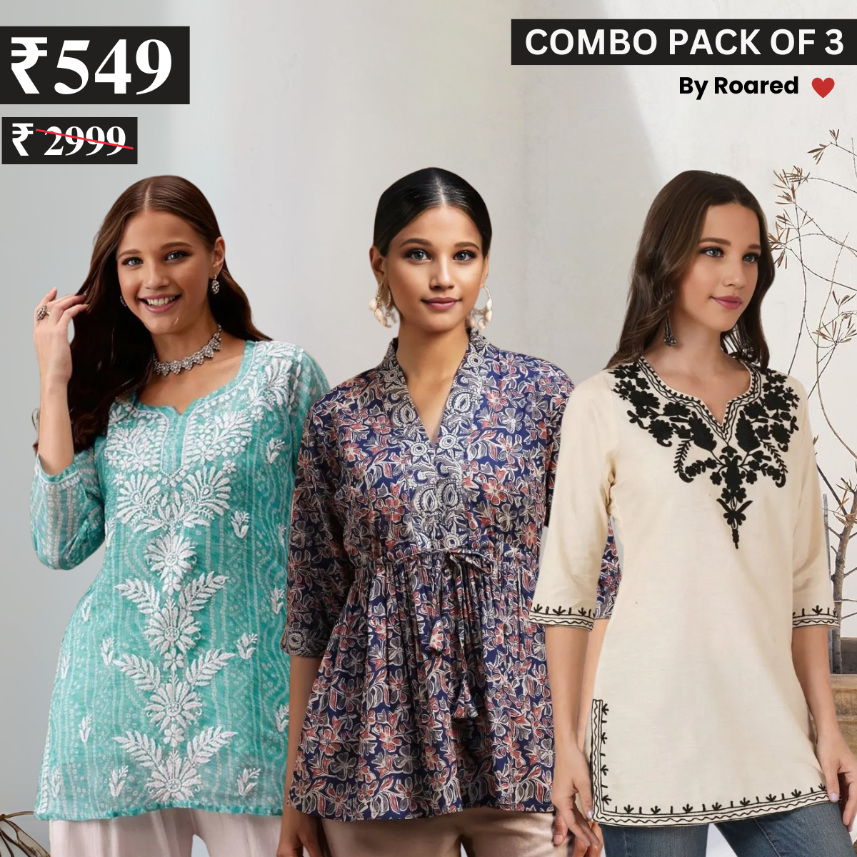 3 Combo Pack Cotton Short Kurtis | Summer Cotton Bliss | 3/4 Sleeve